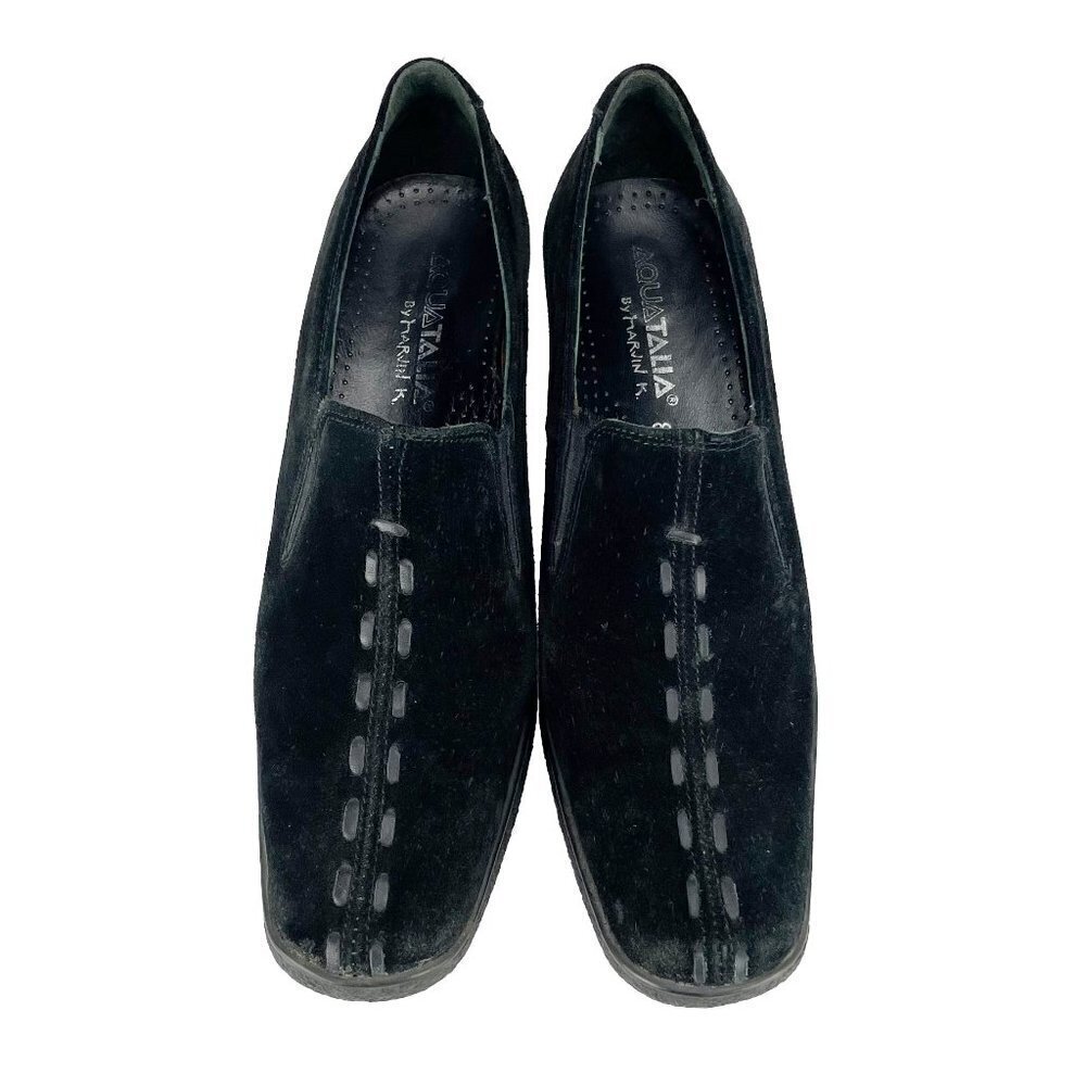 Vintage Aquatalia Marvin K Wedge Black Suede Slip On Shoes Whipstitch Accent s8‎
